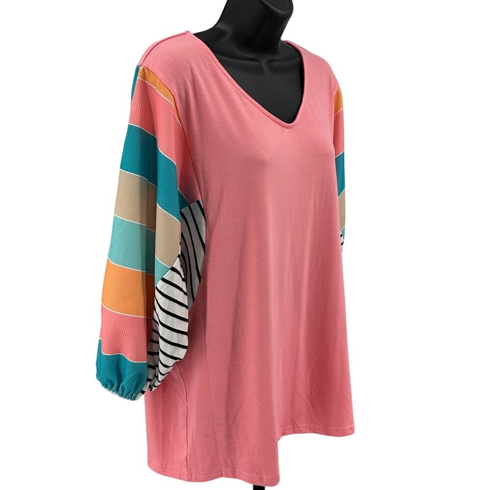 Womens Shirt SZ L Peasant Orange Colorblock Striped V-Neck 3/4 Sleeves Pullover - Picture 3 of 5